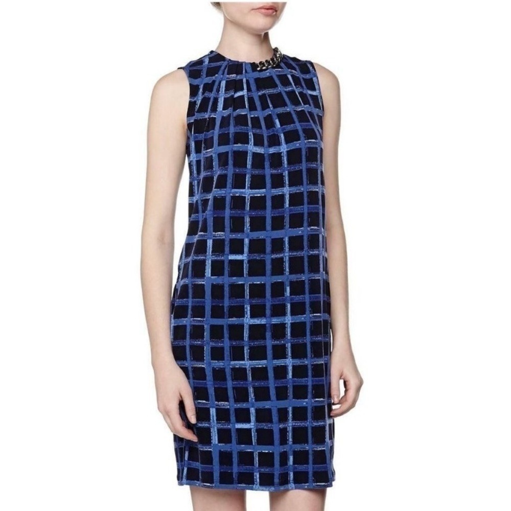 Michael Kors Size L Navy Blue Windowpane Plaid Silver Accent Shift Dress Work